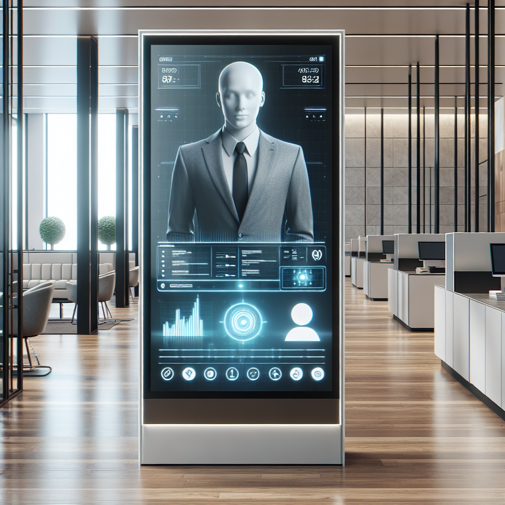 A modern office with a virtual receptionist interface displayed on a screen.