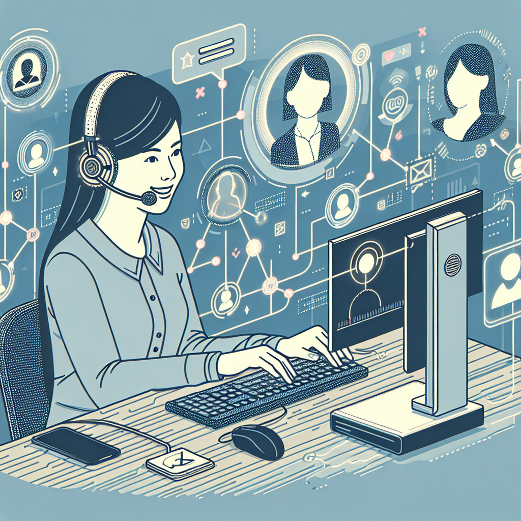 Illustration of a virtual receptionist interacting with clients through various communication channels.