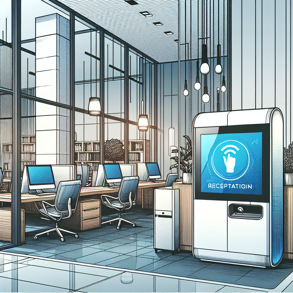 An image showing a modern office setting with a digital receptionist system in action.