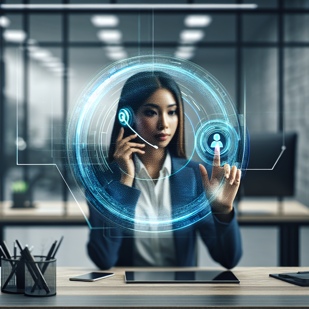 A virtual receptionist answering a call at a desk with a high-tech interface.