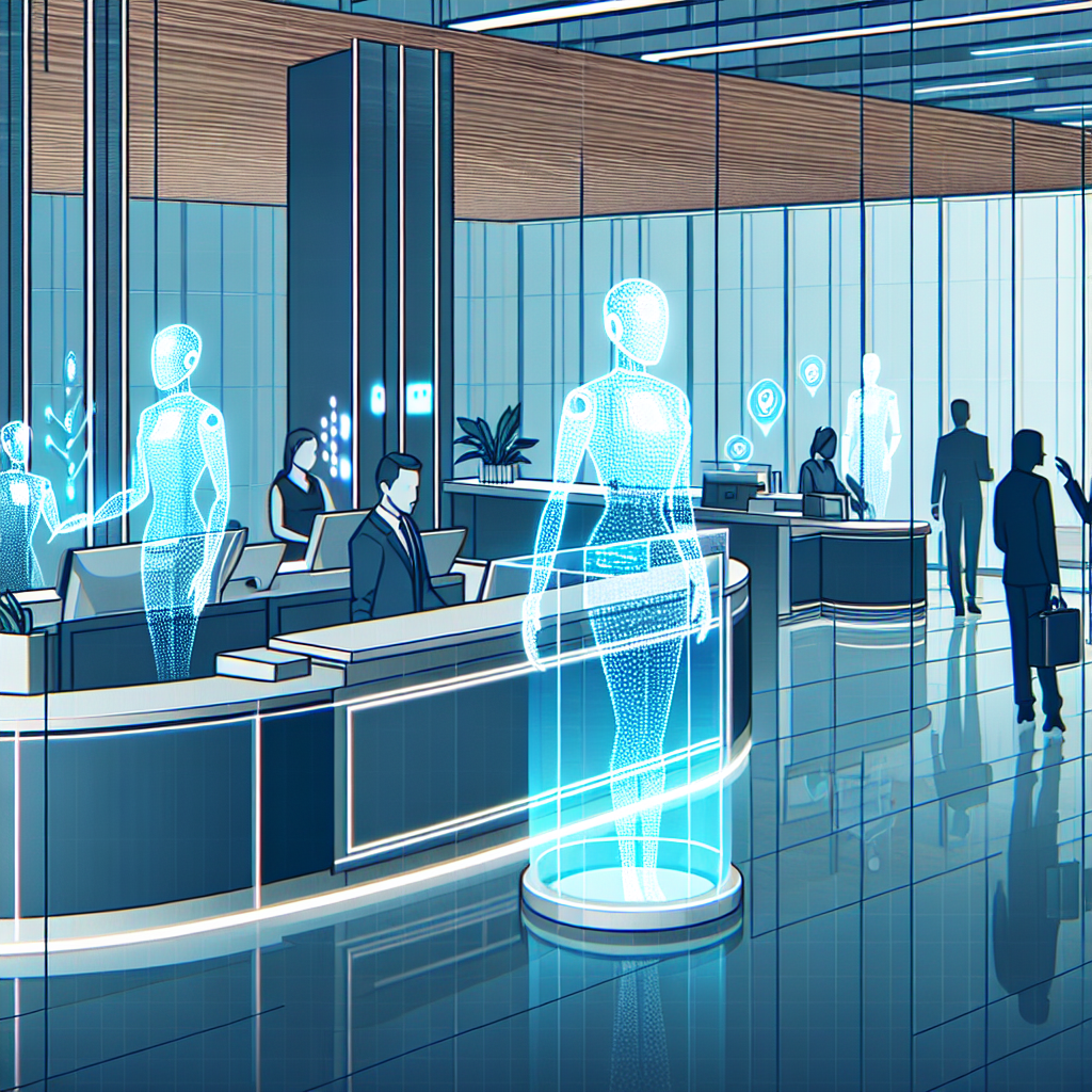 A sleek, modern office environment featuring AI-driven virtual receptionists in action