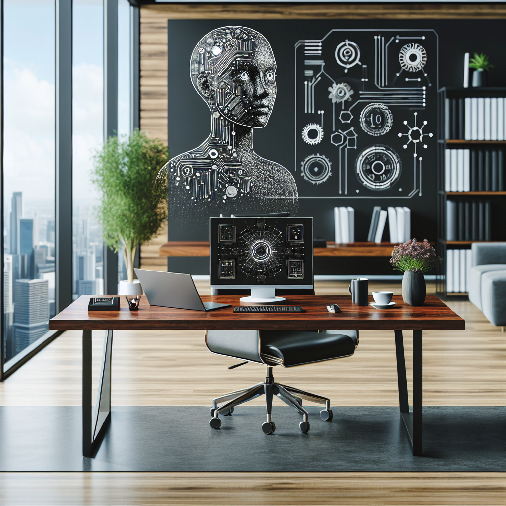 A modern office setup with an AI virtual receptionist interface displayed on a computer screen.