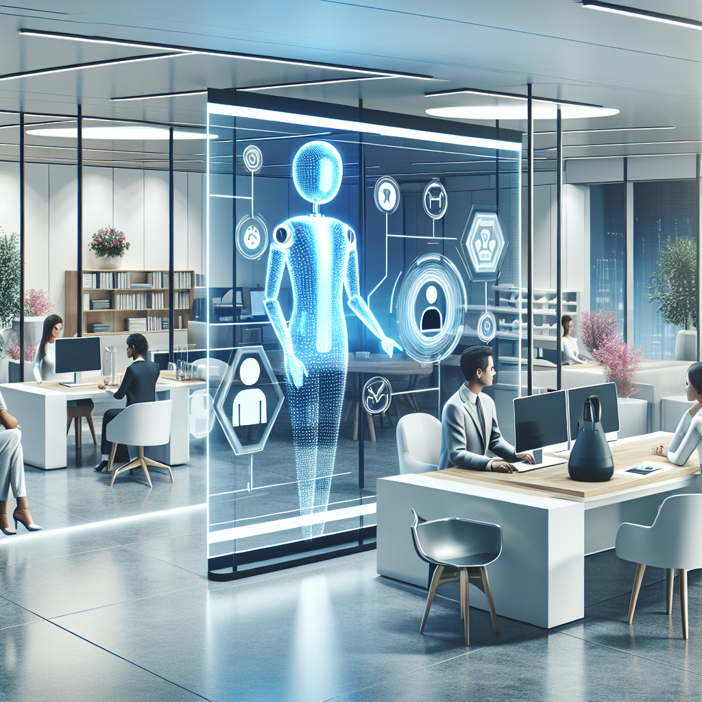 A sleek office environment where a virtual receptionist is assisting customers through a digital interface.
