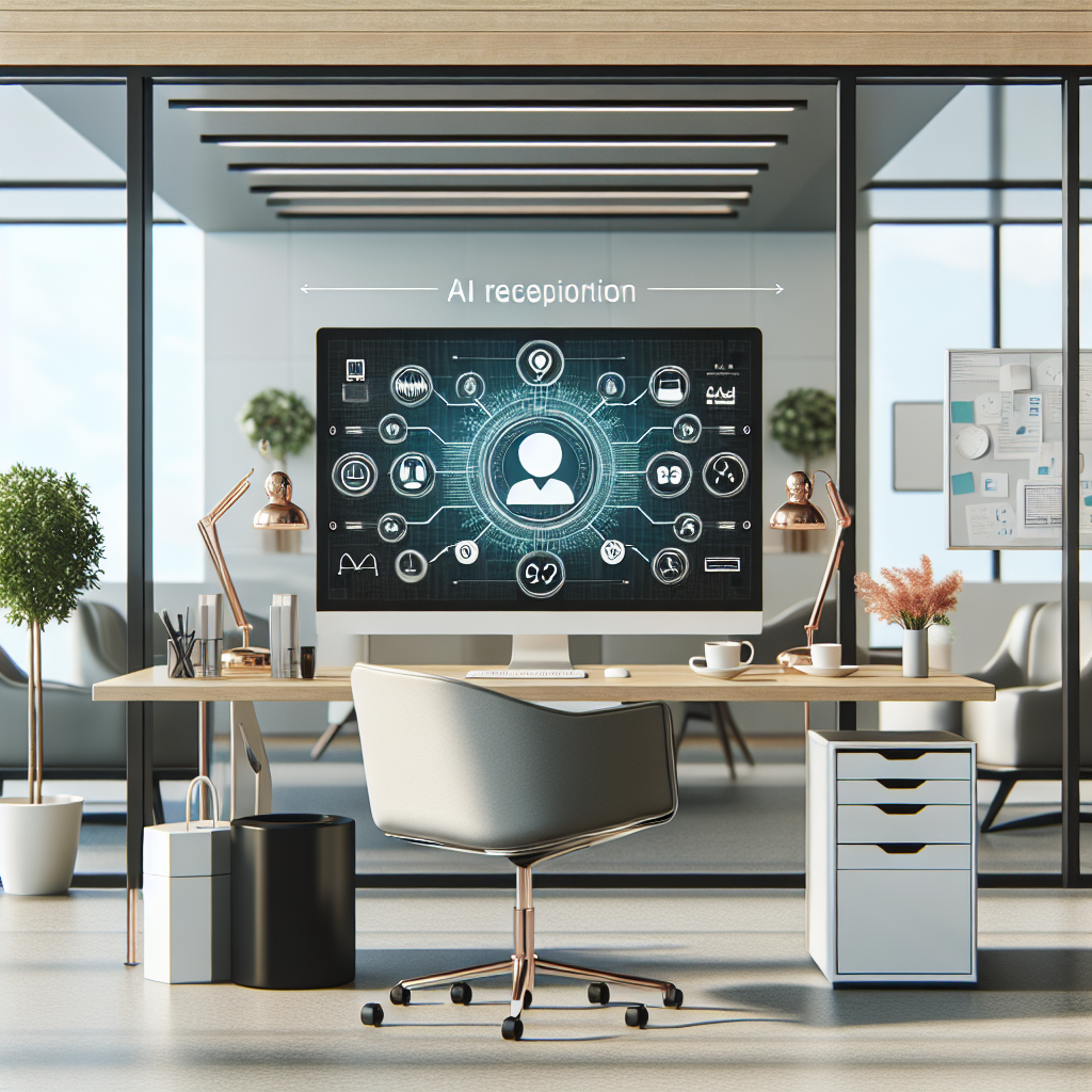 Image of a modern office with an AI receptionist system displayed on a computer screen