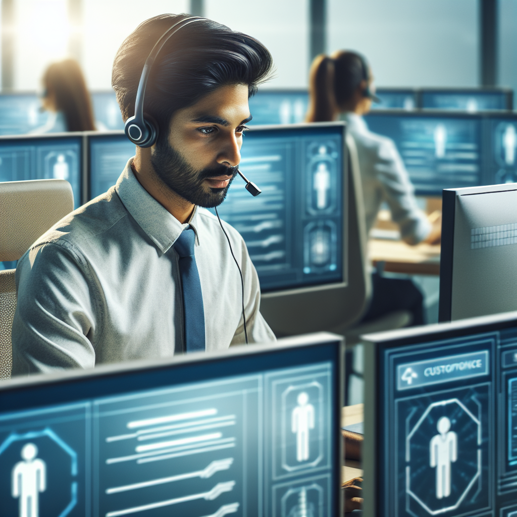 An illustration of a professional virtual receptionist at work, showcasing technology and efficiency.