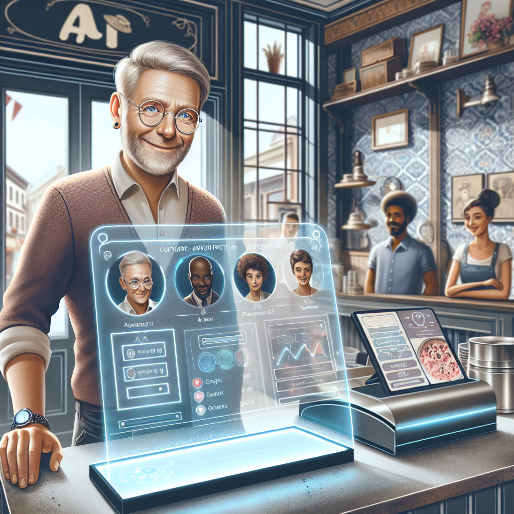 An illustration depicting a small business owner utilizing AI-driven technology for customer interactions.