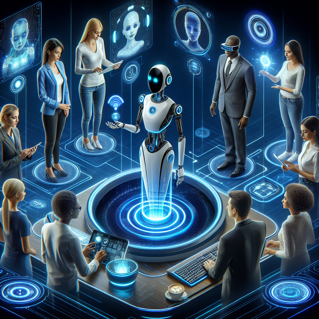 Image of a futuristic AI receptionist interacting with diverse customers through various devices.