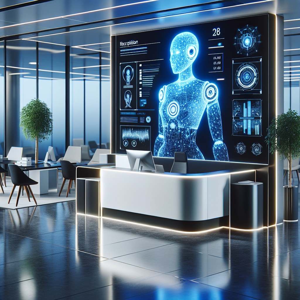 An office setting with a high-tech AI receptionist interface displayed on a screen.