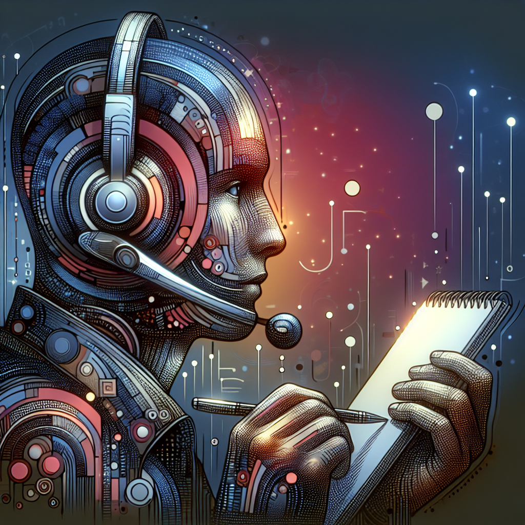 An image showing a person speaking into a Bluetooth headset while taking notes from a call recording.