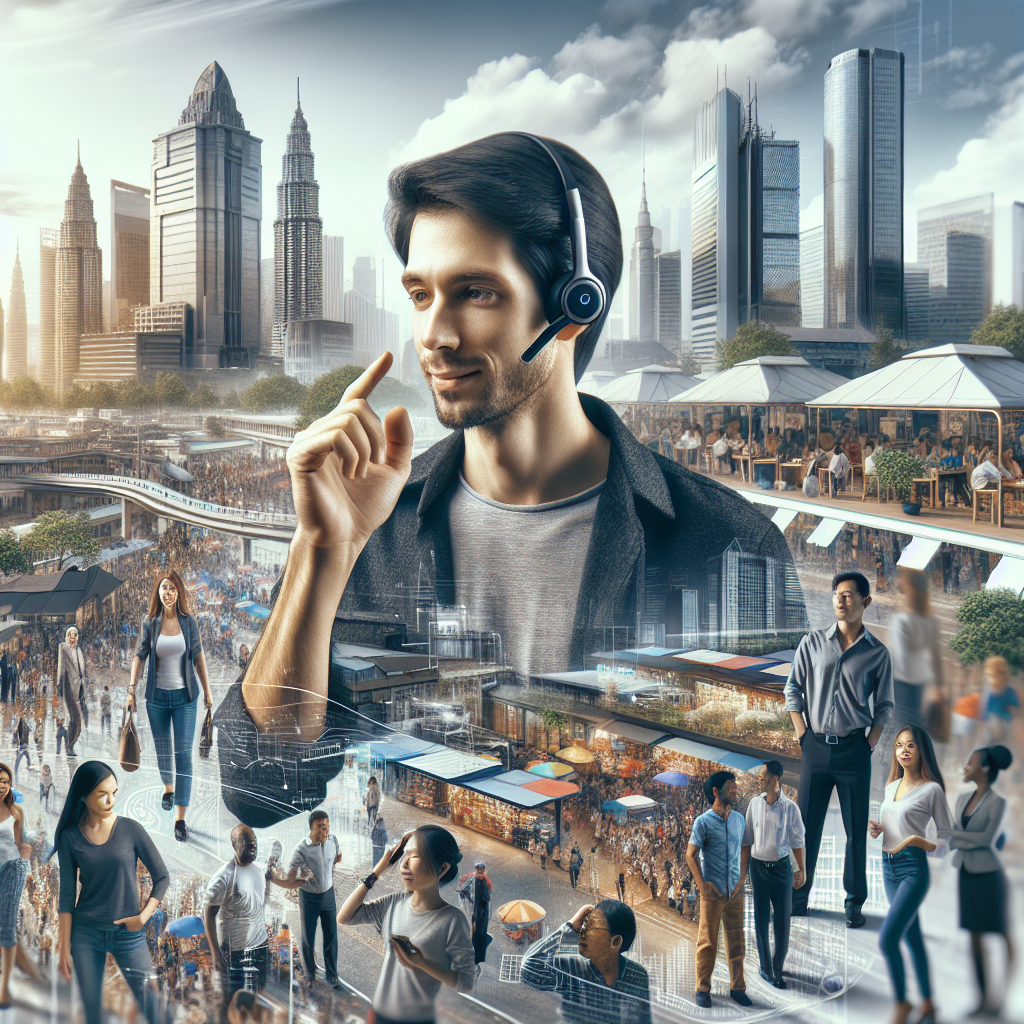 A person using a Bluetooth headset in a busy environment