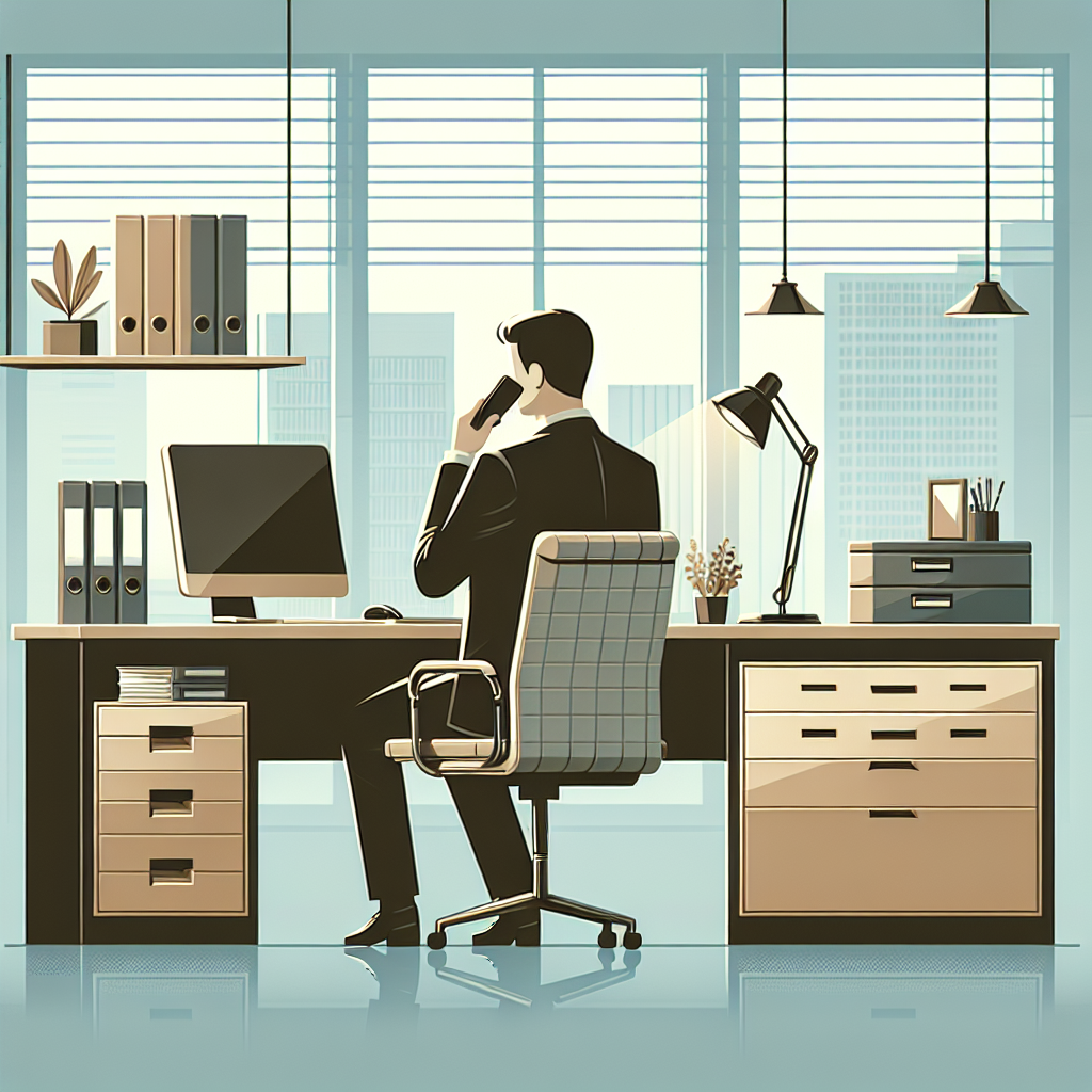 Image of a professional office with a person leaving a voicemail on a smartphone.