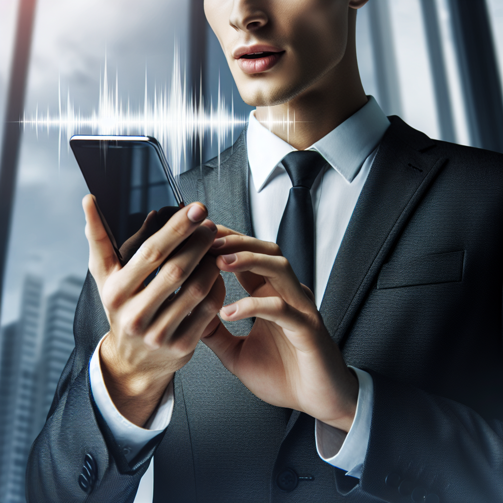 Image of a professional businessperson recording a voicemail on a smartphone.