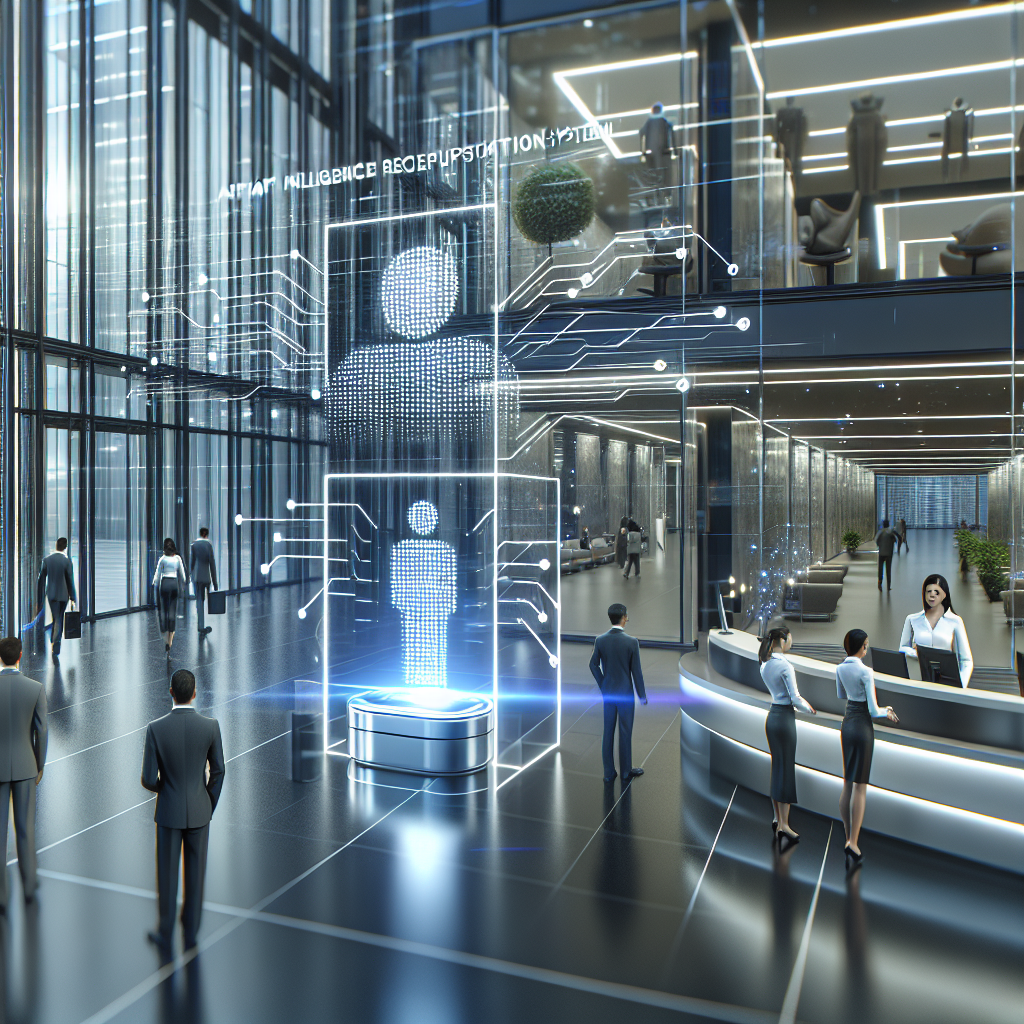 A modern office with an AI receptionist system in action, showcasing a seamless customer interaction