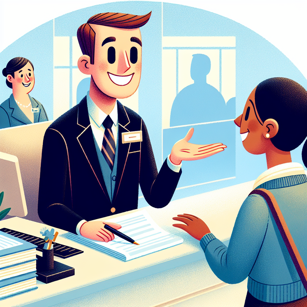 A friendly front desk staff member greeting a customer