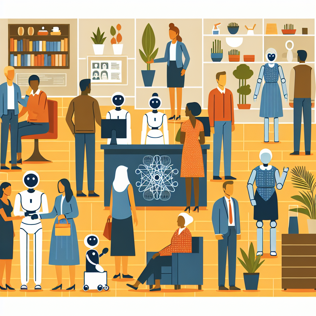 AI receptionists interacting with customers in a warm and inviting office setting.