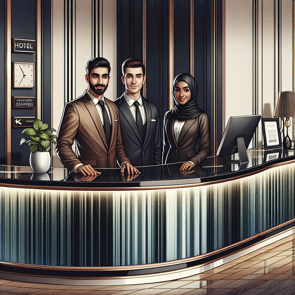 Image of a front desk with staff greeting a customer warmly.