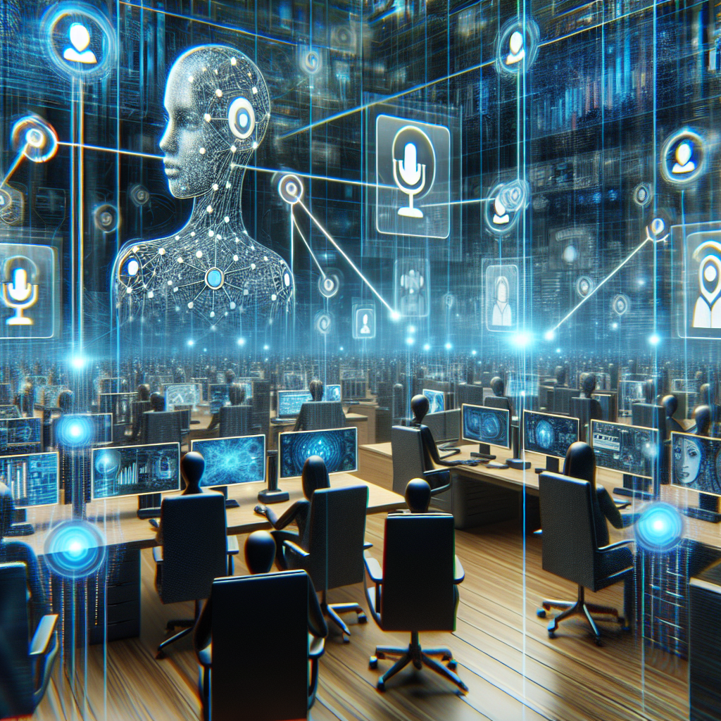 A creative illustration of a seamless virtual communication interface showing AI assistants and VoIP integration in a business environment.