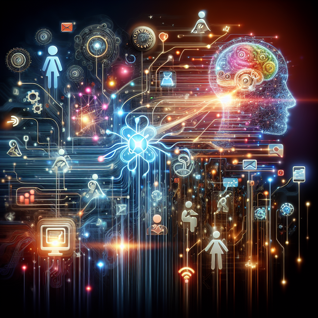 A dynamic workflow illustration showing AI interacting with various applications and customer service scenarios.