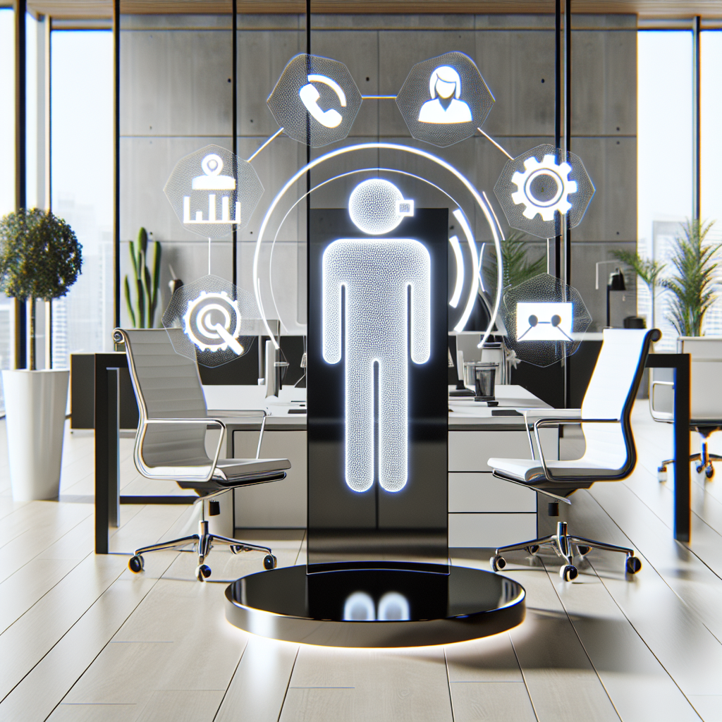 A sleek, modern office environment with an AI assistant interface displaying customer service features