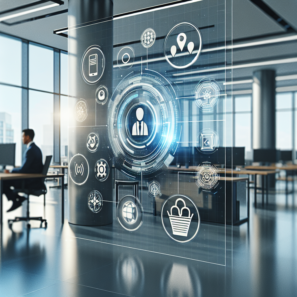 A modern office with a sleek AI interface displaying customer interaction prompts on a digital screen.