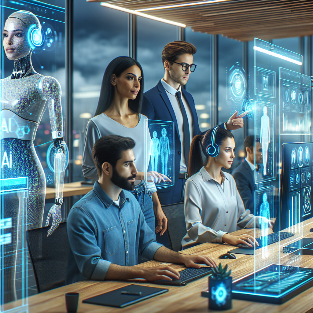 A vibrant, futuristic office scene demonstrating a team using AI technology to manage calls, showcasing devices and screens displaying incoming calls and analytics.