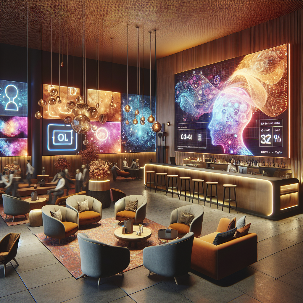A lively boutique hotel reception area with digital screens showcasing AI interactions