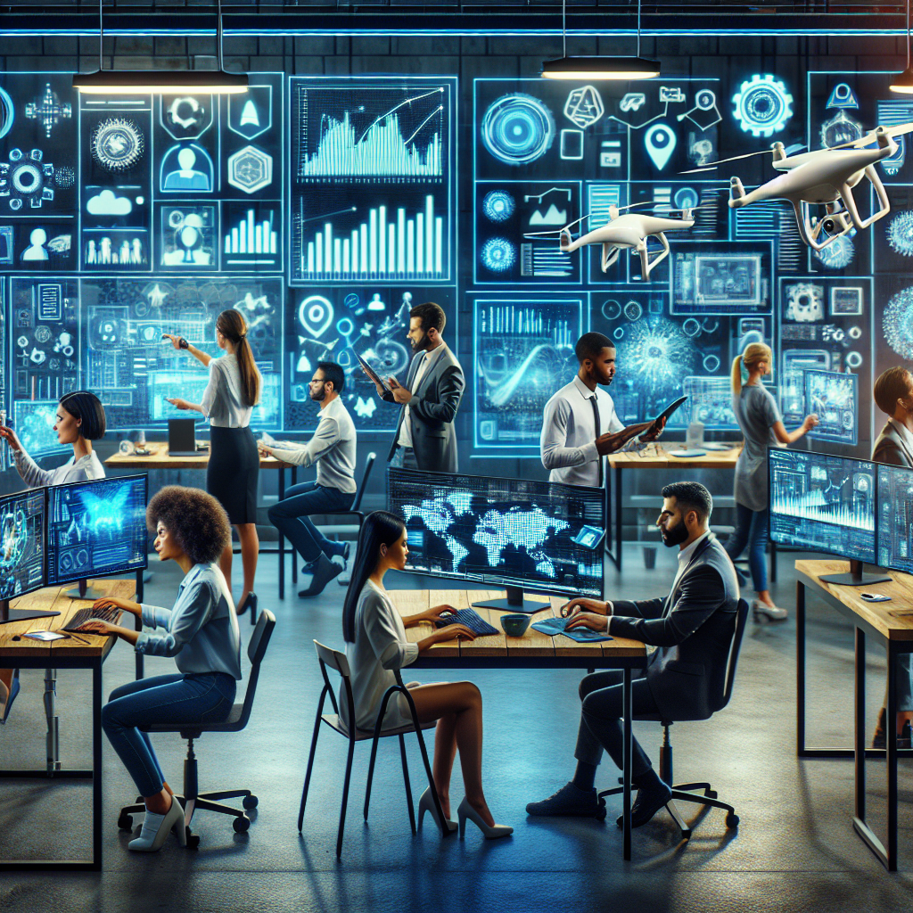 A vibrant workspace showing a small business team collaborating with technology, with visual elements demonstrating efficiency and automation