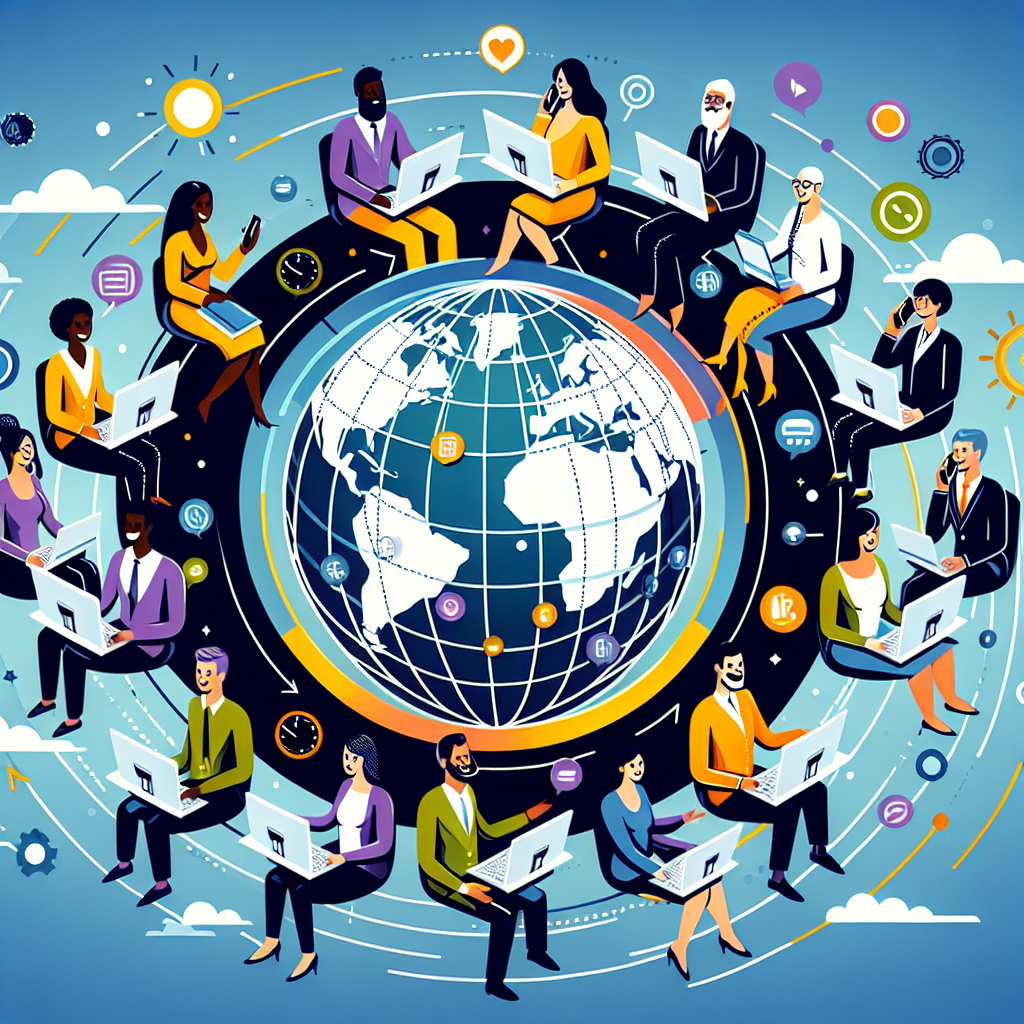 A vibrant graphic depicting diverse team members engaged in communication across various time zones, symbolizing flexibility in business hours and enhanced customer interactions.