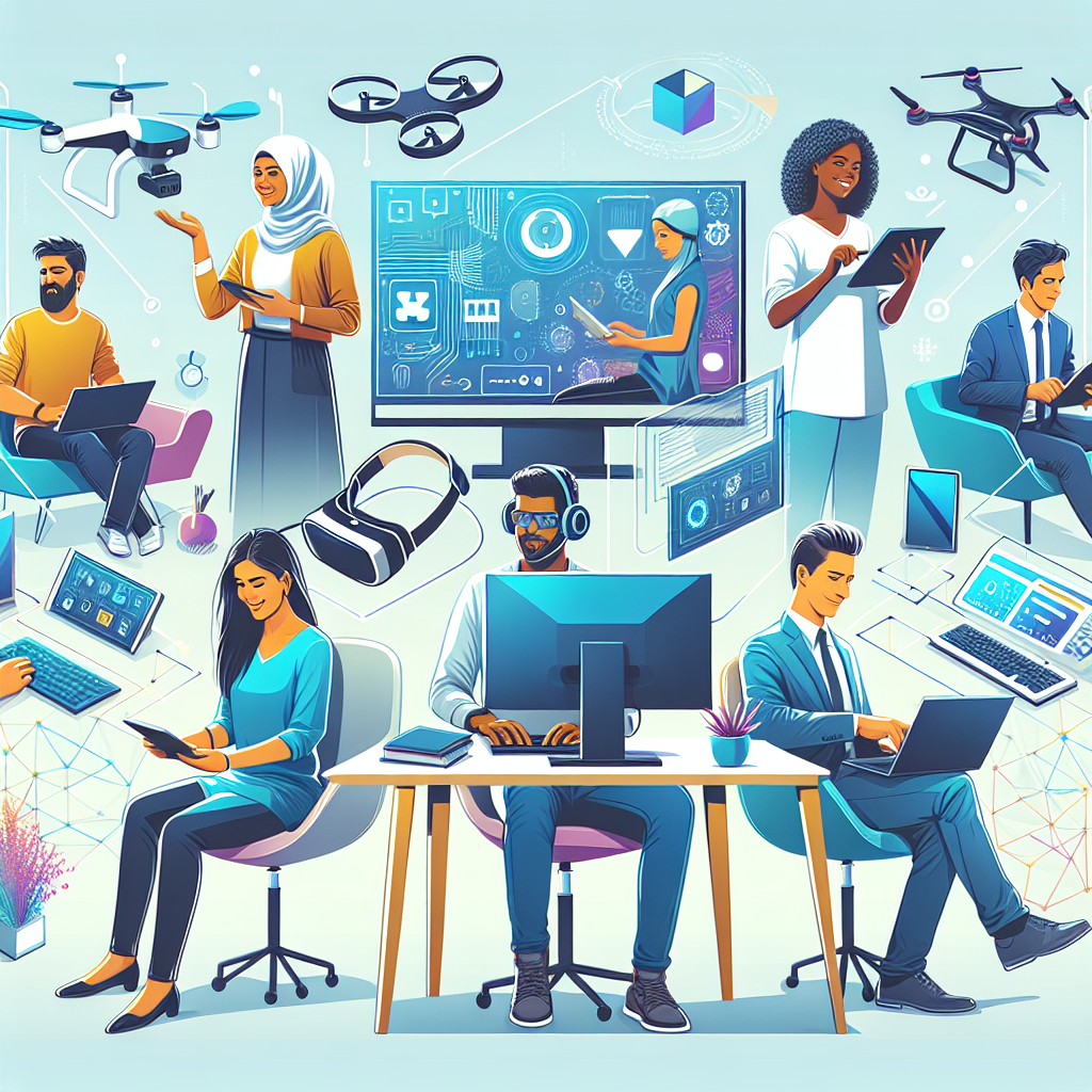 A diverse team engaging with various technological devices in a lively workspace, symbolizing flexible and responsive customer service.