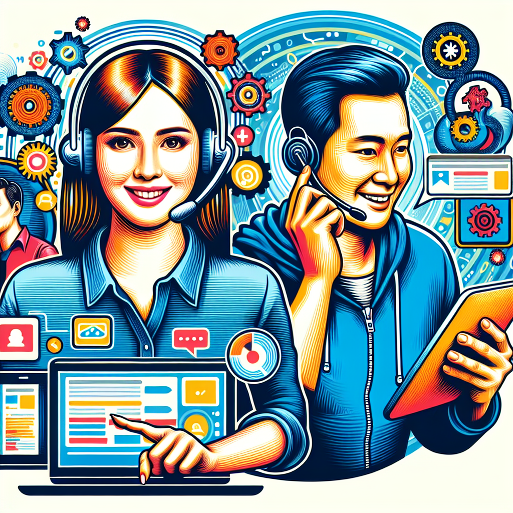 A vibrant illustration of a customer service representative assisting a satisfied customer through various digital platforms.