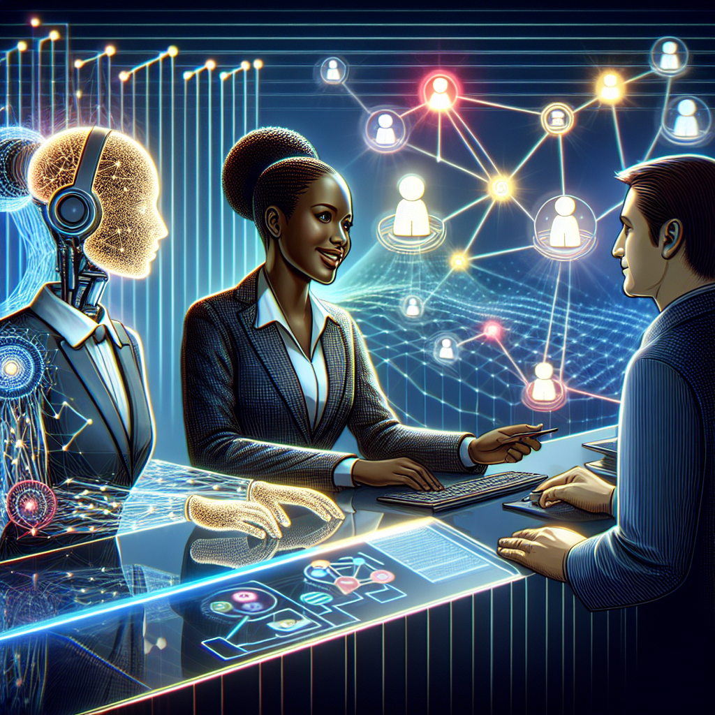 Visual representation of an AI receptionist interacting seamlessly with customers, set against a digital backdrop illustrating network stability.