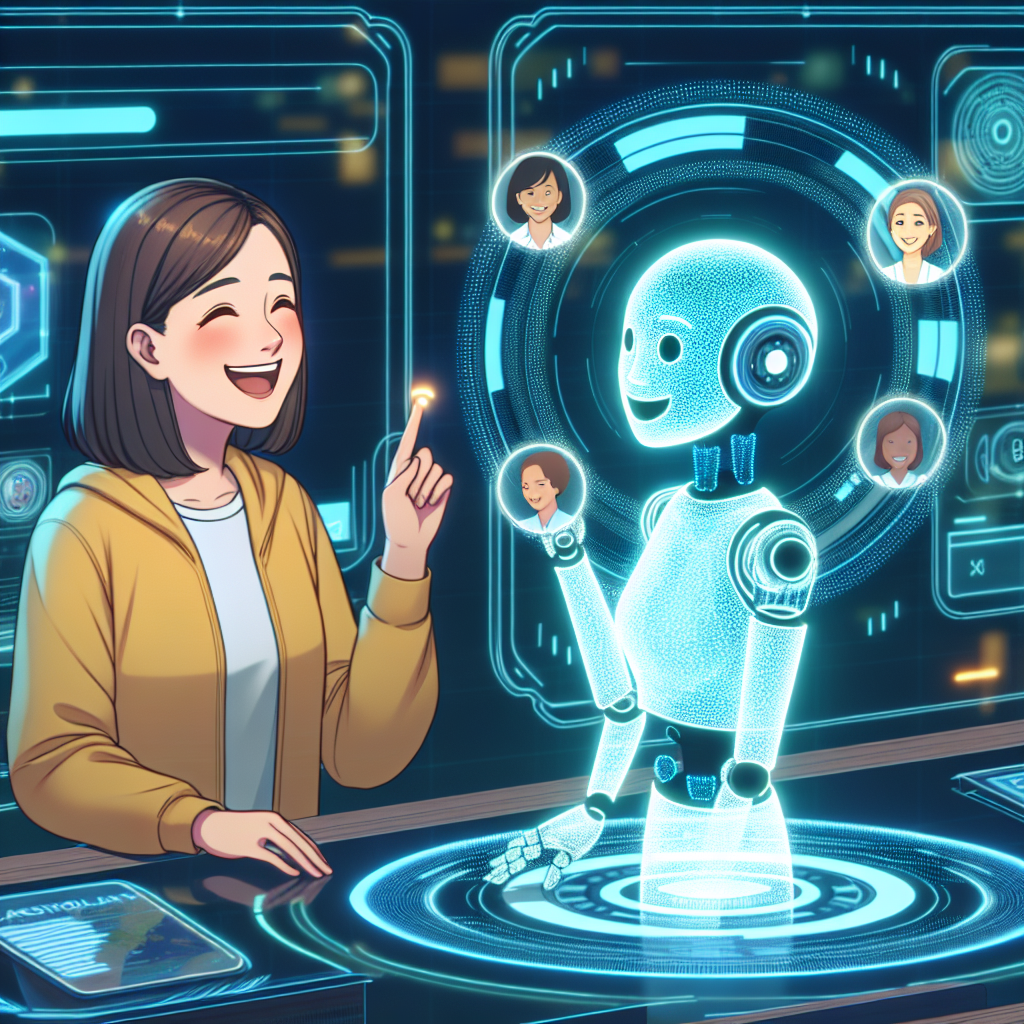 A dynamic image depicting a customer happily interacting with an AI receptionist on a digital interface