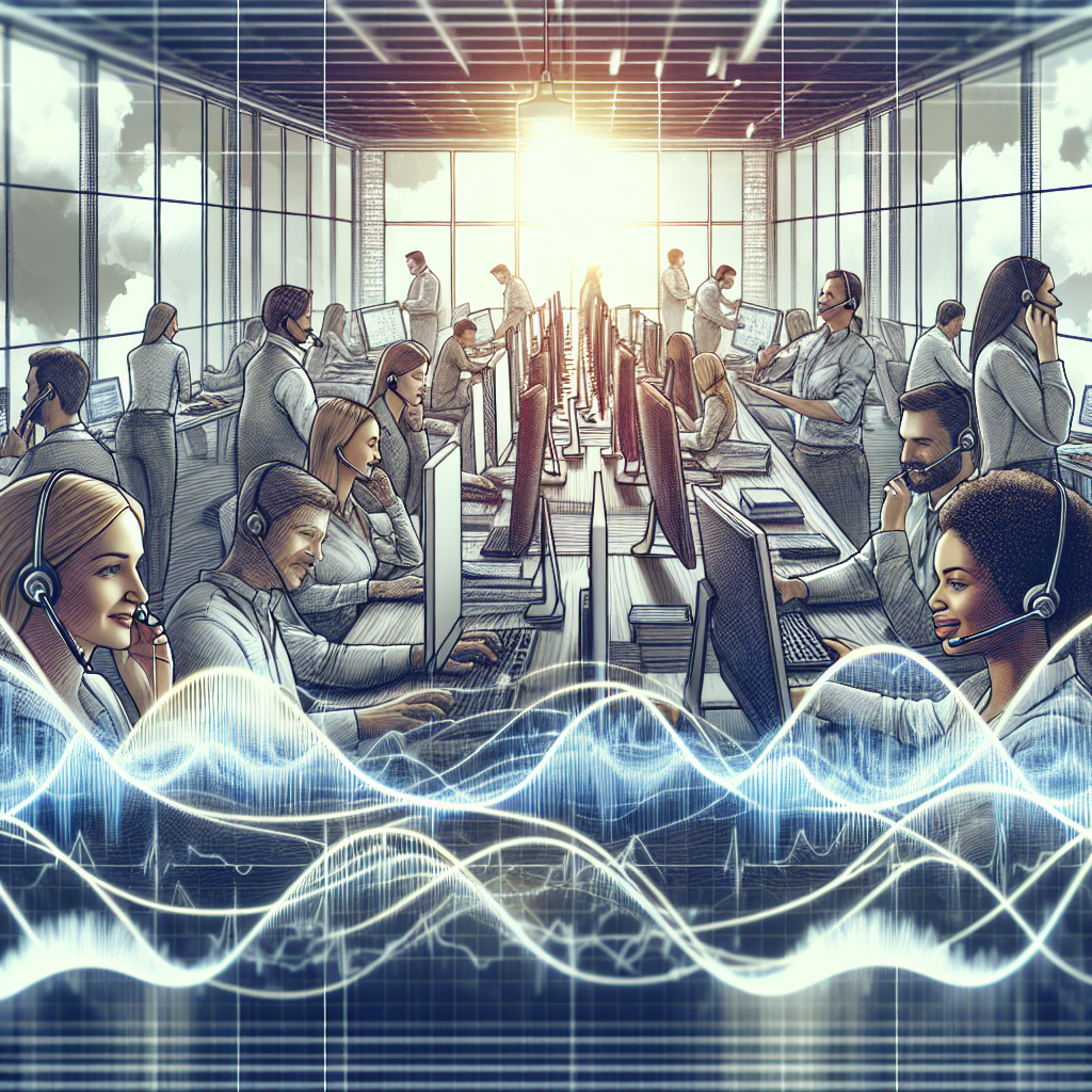 A dynamic office environment where employees are engaging with clients through various devices, showcasing the essence of call forwarding in action.