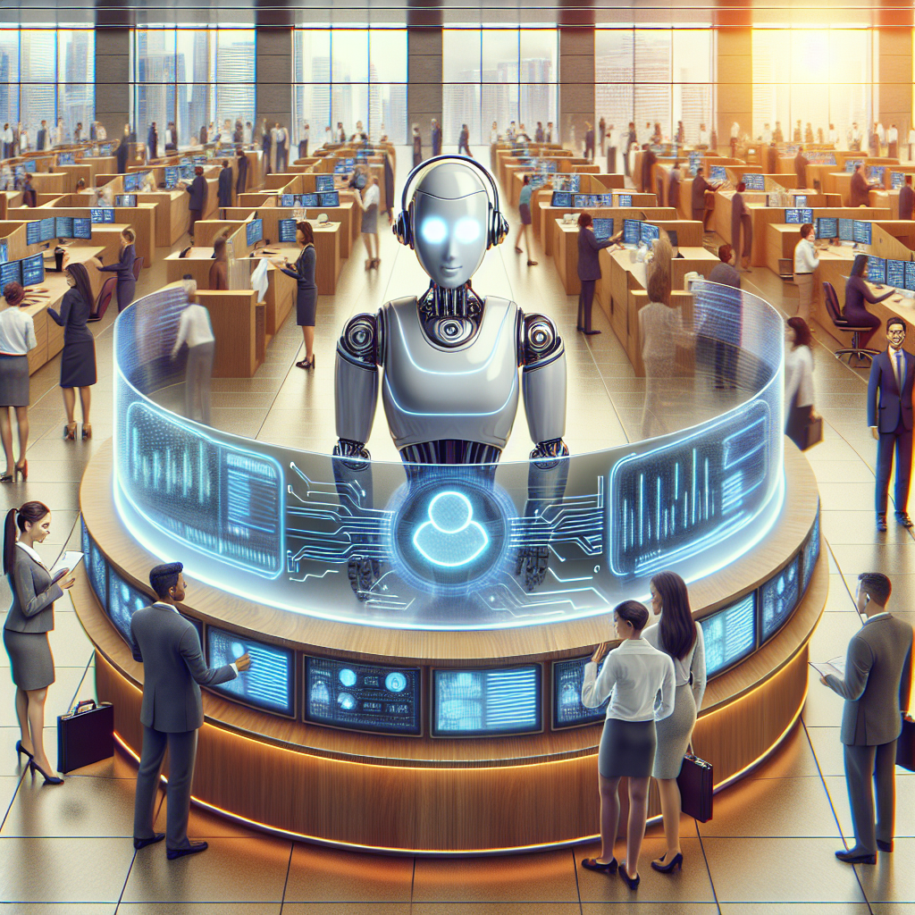 An engaging illustration showing a busy office environment with an AI receptionist managing an influx of calls, symbolizing efficiency and customer engagement.