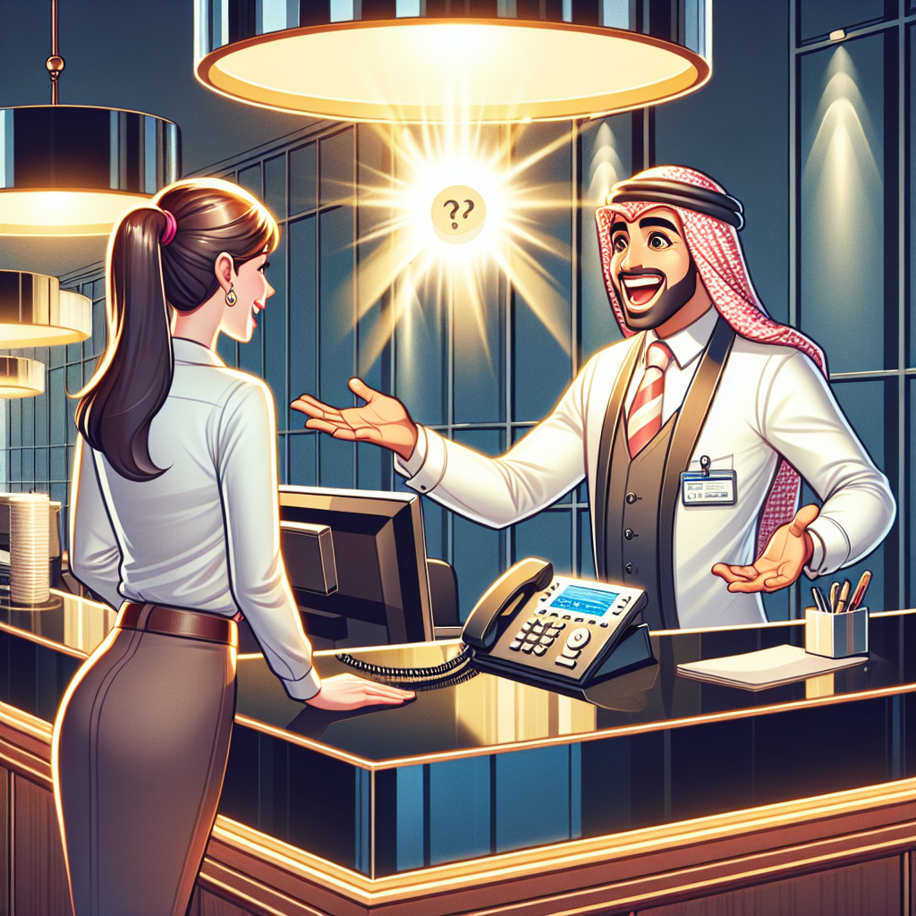 A warm and inviting customer service scene with a reception desk, showcasing a phone system and a staff member engaging with a customer, highlighting the blend of technology and personal touch.
