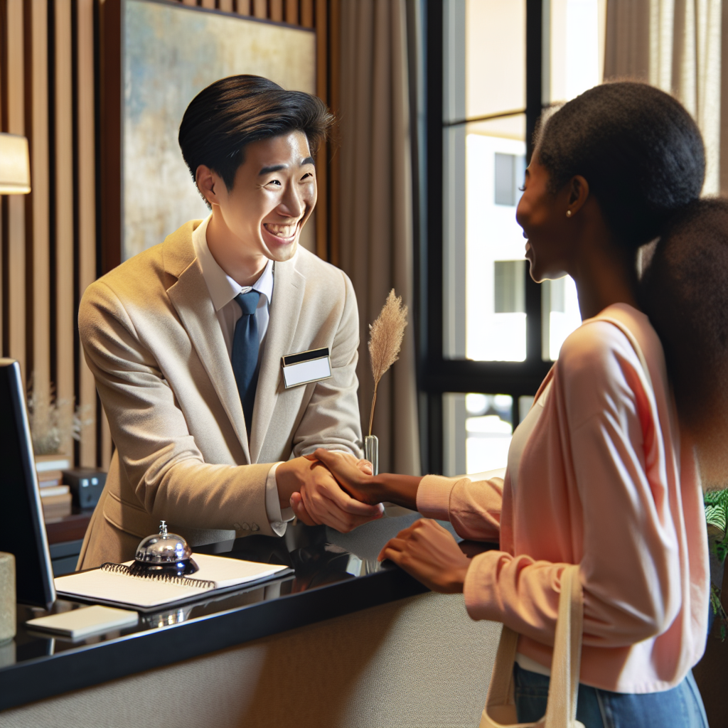 A friendly front desk staff engaged in a warm greeting with a customer, showcasing an inviting atmosphere.