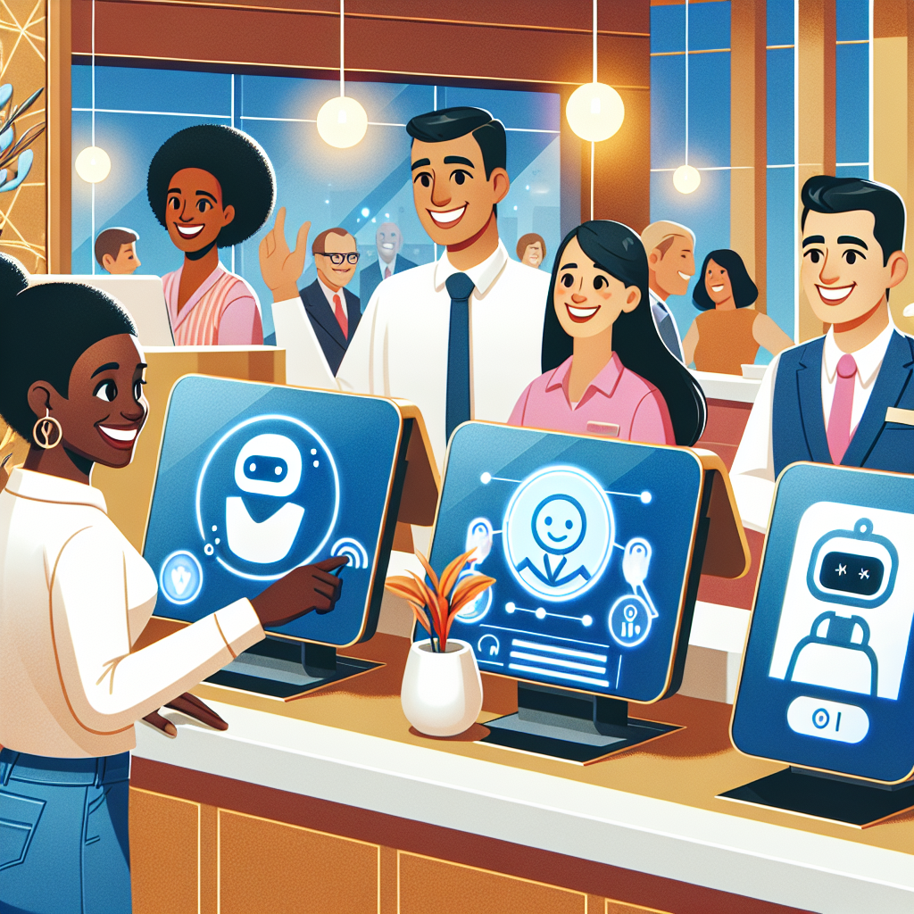 A warm and welcoming front desk scene showcasing a diverse group of happy customers interacting with AI technology.
