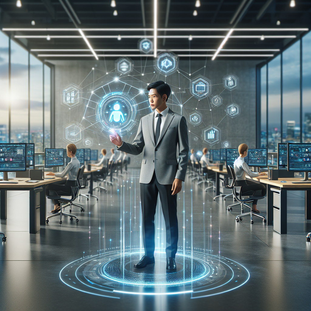 A futuristic office environment showcasing an employee using AI technology for call management, with visual representations of automated systems in action.