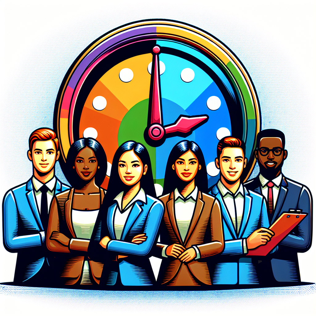 A vibrant graphic showing a clock alongside a friendly customer service team, symbolizing clear business hours communication.