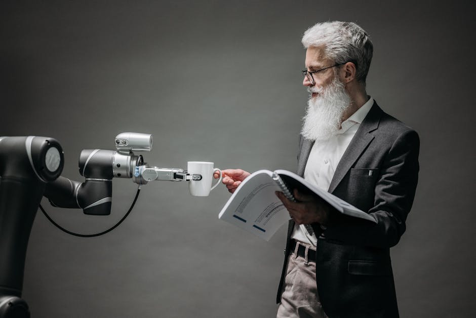 A futuristic office environment showcasing a humanoid AI assistant interacting with customers through a sleek touchscreen interface.