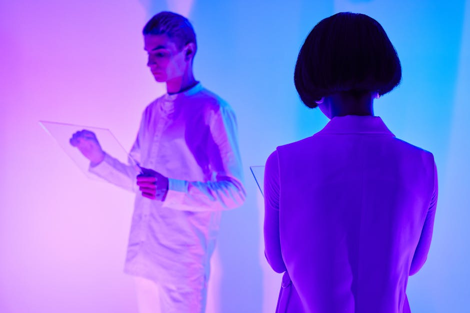 Visual of a person interacting with a friendly AI receptionist on a digital device.