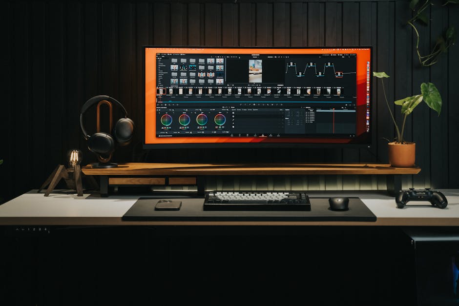 A sleek, modern office environment with a digital receptionist interface on a stylish desk