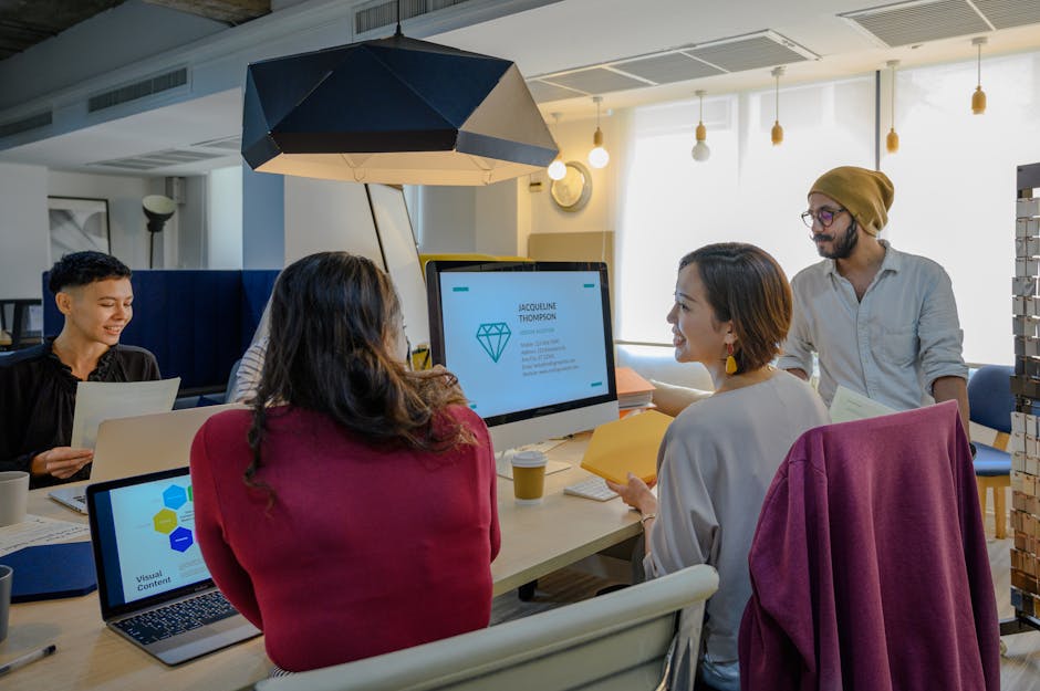 Image of a modern office environment where an AI receptionist interacts with a diverse group of clients in an engaging manner.