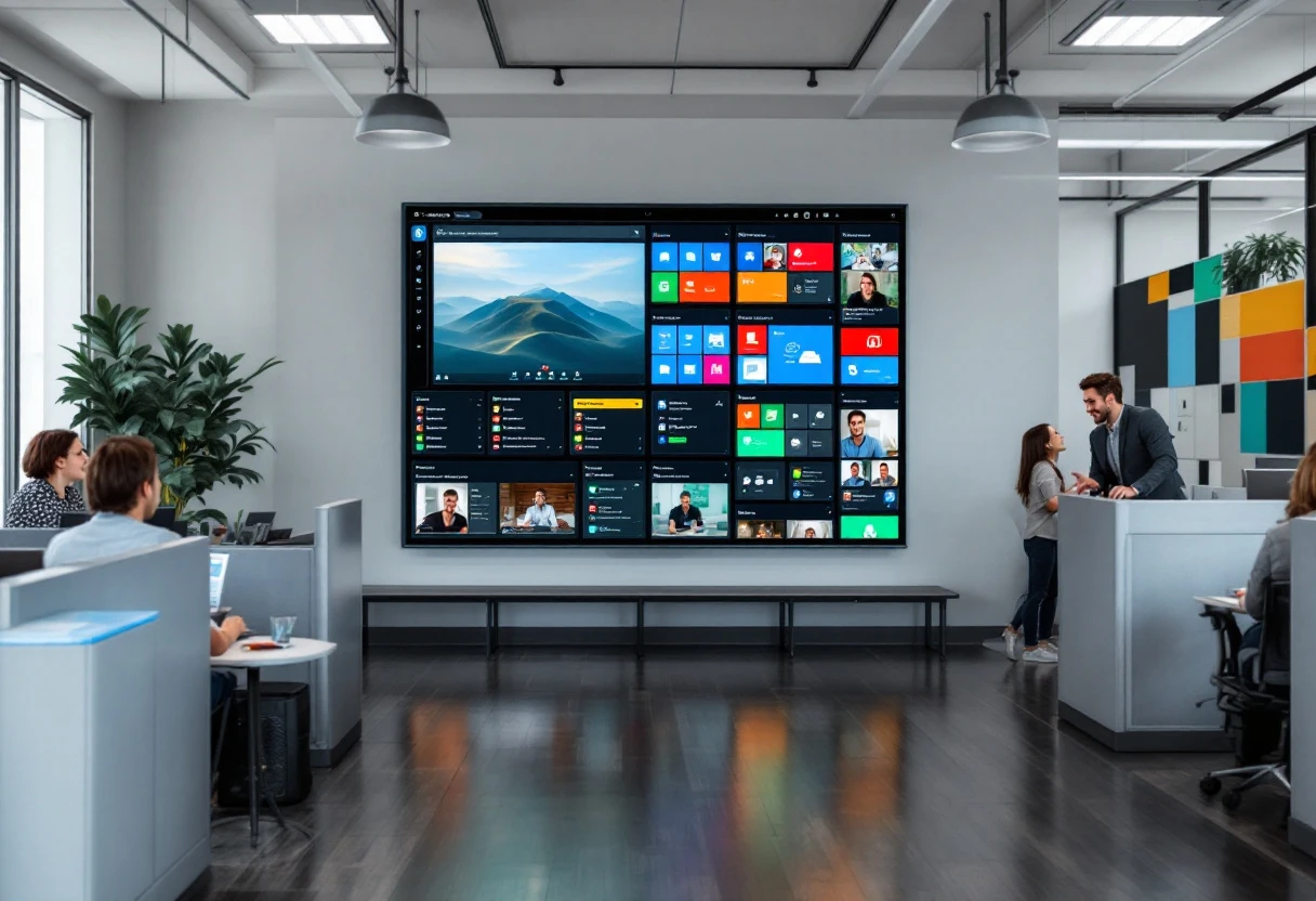 Image depicting a busy office environment with a digital dashboard showing different integrated apps and calls being managed effectively.