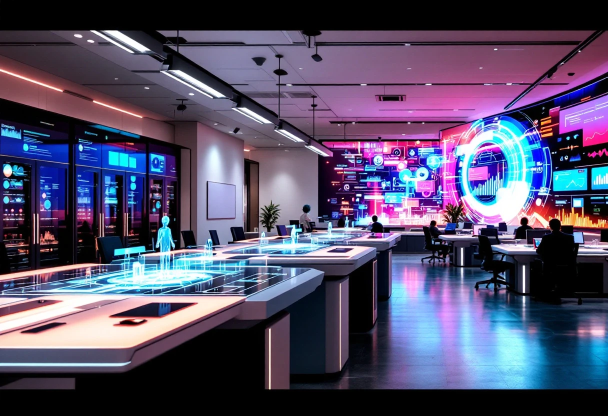 A dynamic image showing a futuristic office space with AI technology integrated into customer service desks, emphasizing an efficient and responsive environment.