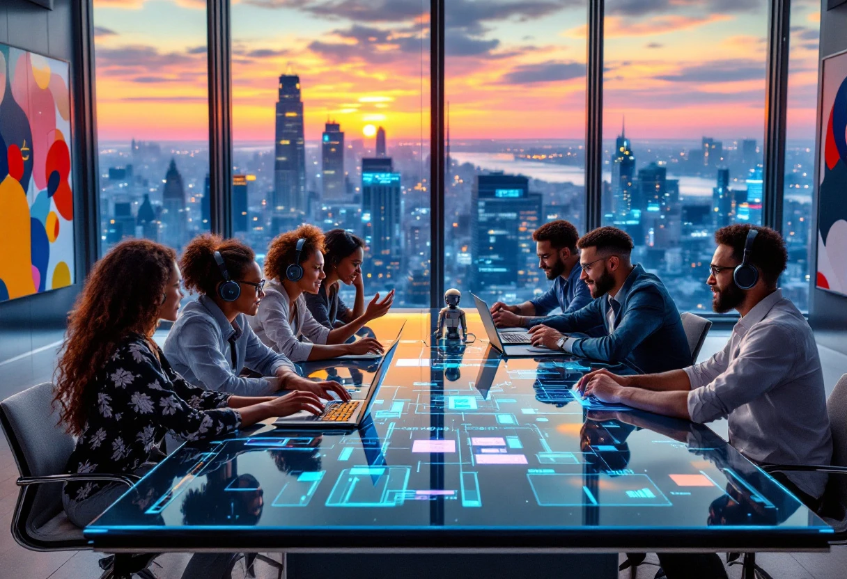 A modern office environment with a diverse team collaborating and utilizing AI technology for customer service.