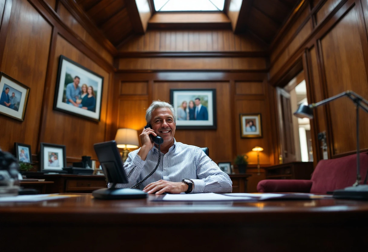 A bustling law office with an attorney speaking on the phone, showcasing a professional and inviting atmosphere.