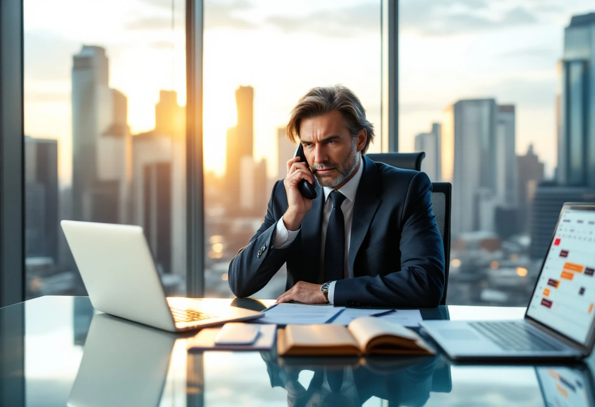 A vibrant office setting with a solo lawyer engaged in a call, surrounded by tech tools that symbolize efficiency, such as a laptop displaying appointment confirmation and a smartphone showing client notifications.