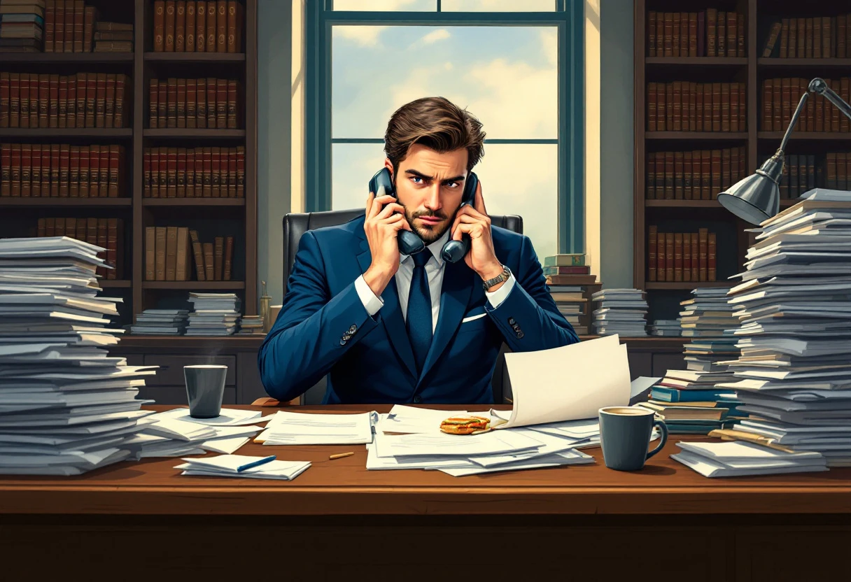 Illustration of a busy solo lawyer answering multiple calls from clients while managing case files