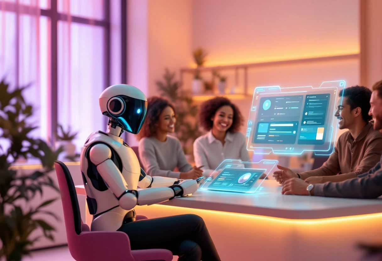A vibrant office scene where an AI-powered assistant interacts warmly with clients through a digital interface.
